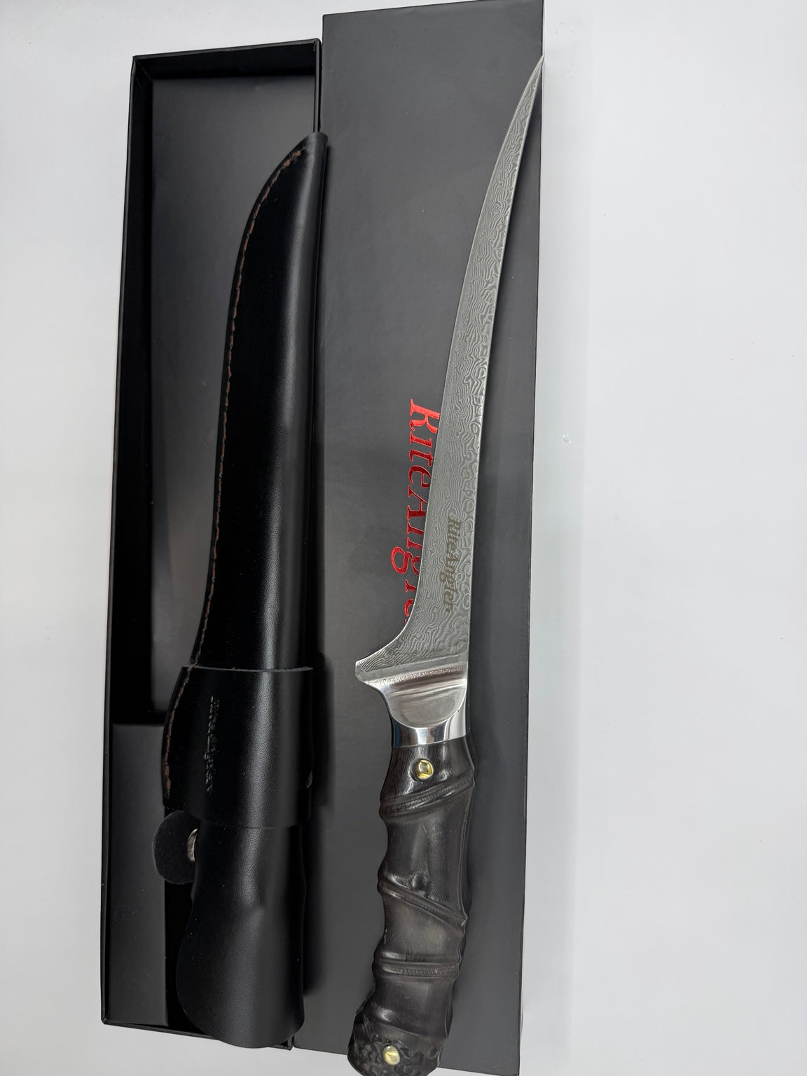 RiteAngler 13-inch Damascus fillet knife with leather sheath and presentation box